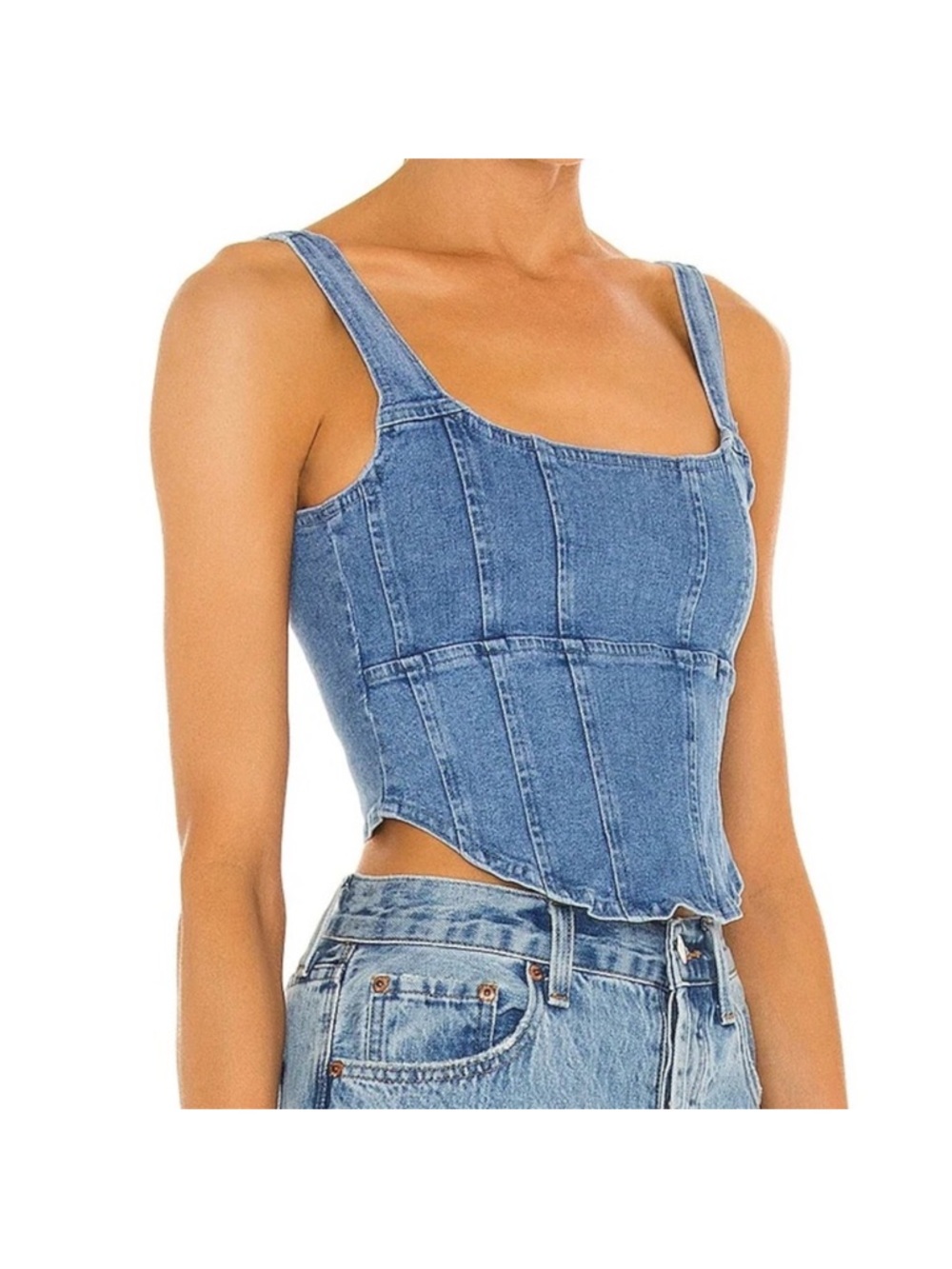 OW Collection X Revolve Denim Corset Tank Top in Light Blue